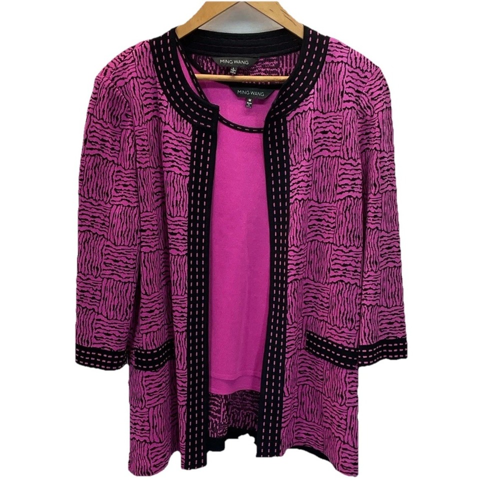 Ming Wang Old Money Knit Twinset Size M/L‎ Cardigan Tank Set Pink Black Mature